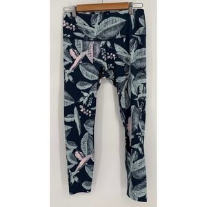 Apana Womens Navy Tropical Leaf Print Athletic Leggings High Rise Yoga Sz M